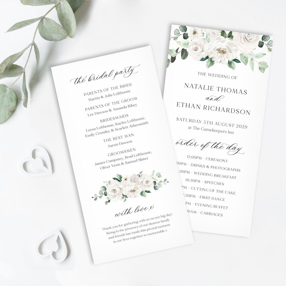 White Florals & Eucalyptus Order of Service Card