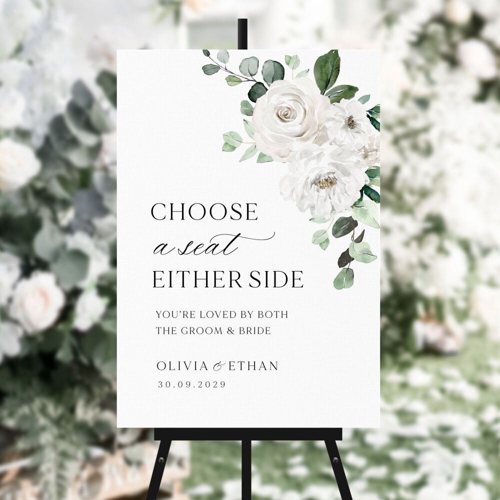 White Florals & Eucalyptus Choose a Seat Sign