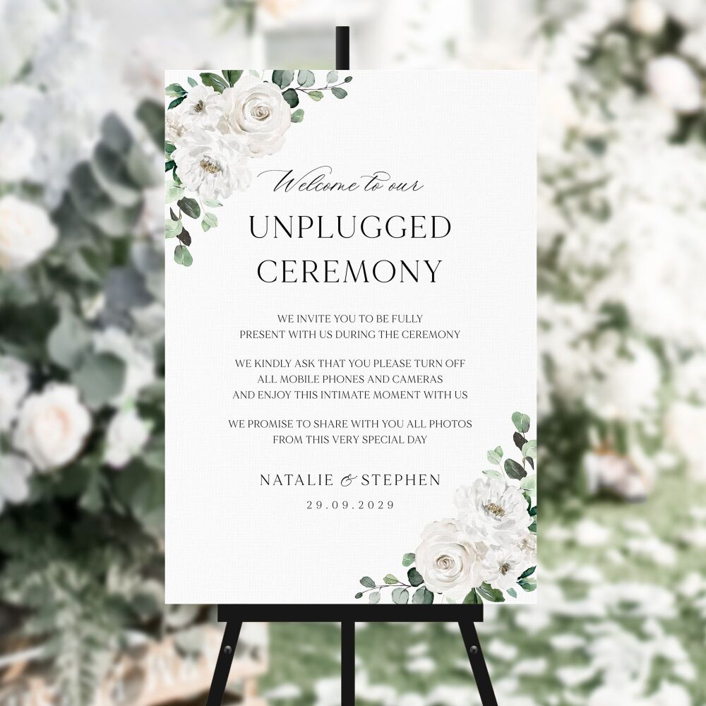 White Florals & Eucalyptus Unplugged Ceremony Sign