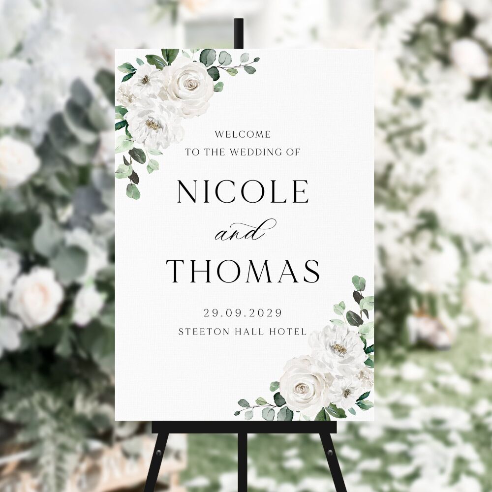 White Florals & Eucalyptus Welcome Sign