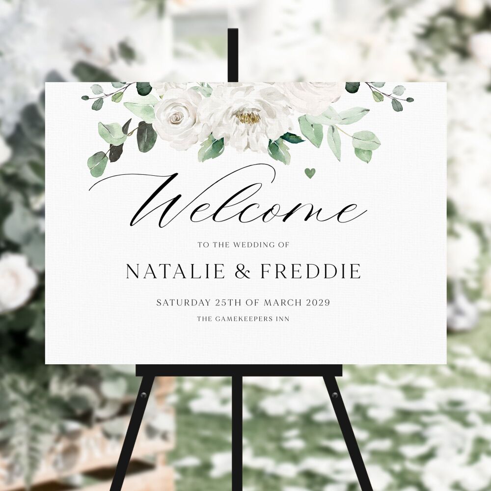 White Florals & Eucalyptus Welcome Sign