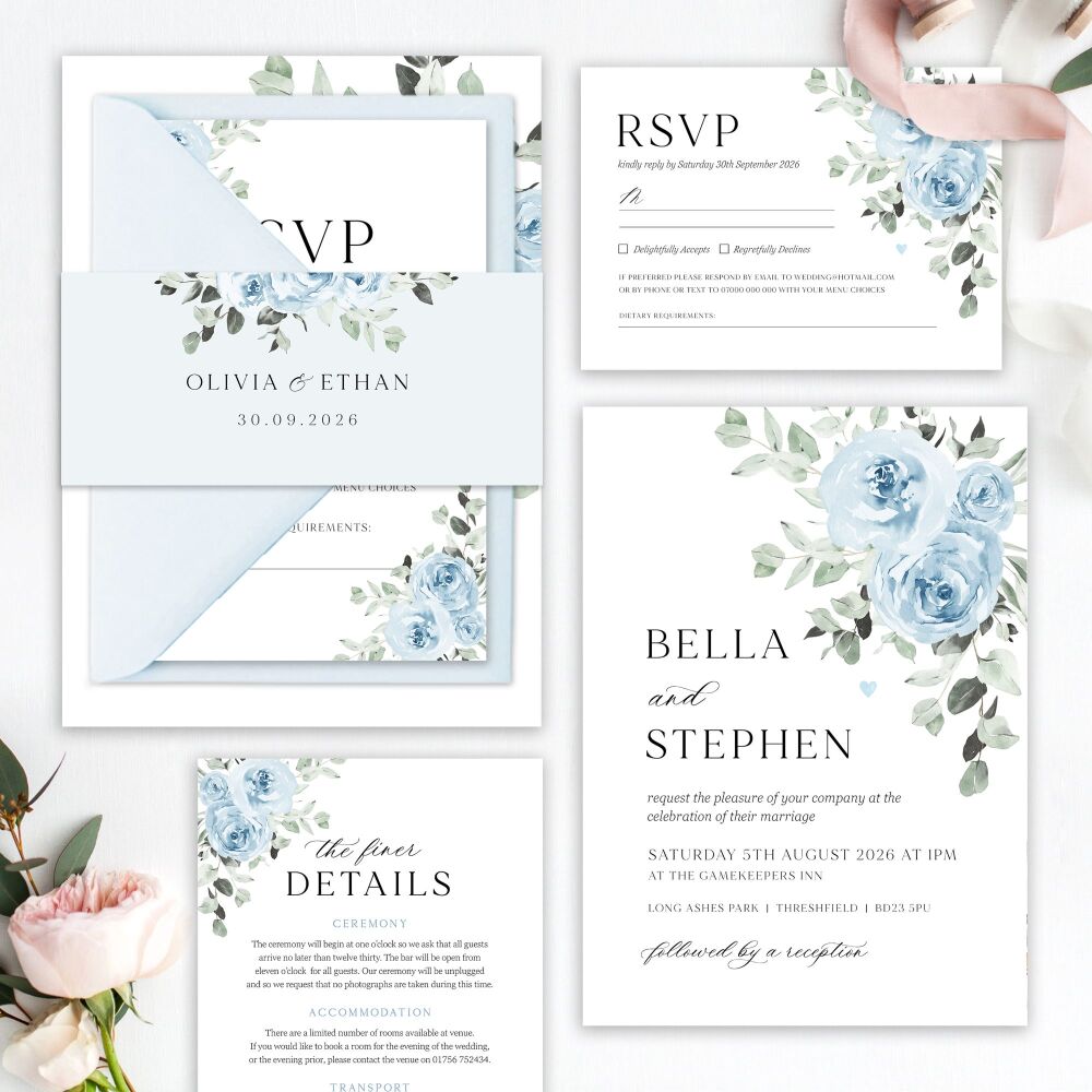 Baby Blue Floral Wedding Invitation Sample
