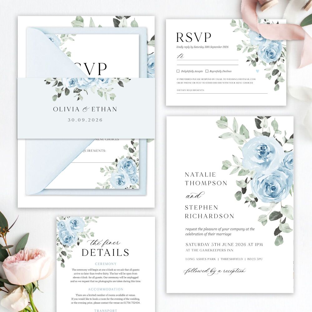 Baby Blue Floral Wedding Invitation Sample