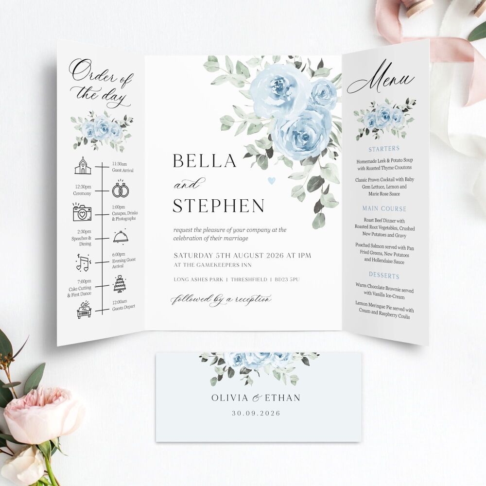 Baby Blue Floral Wedding Invitation Sample