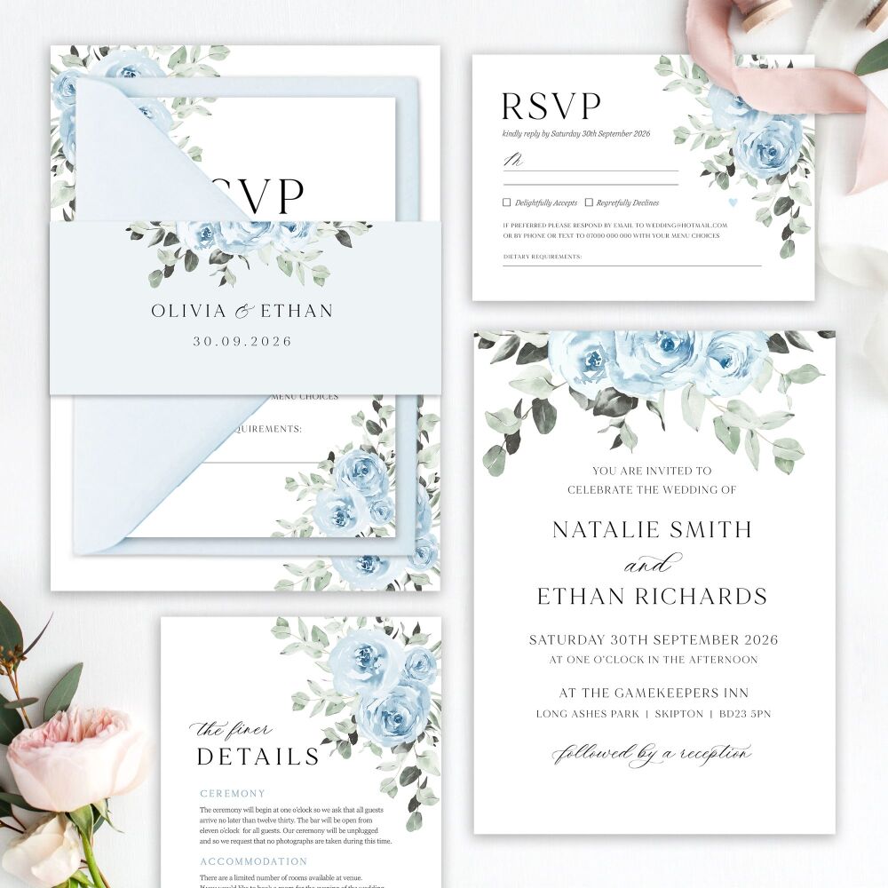 Baby Blue Floral Wedding Invitation Sample