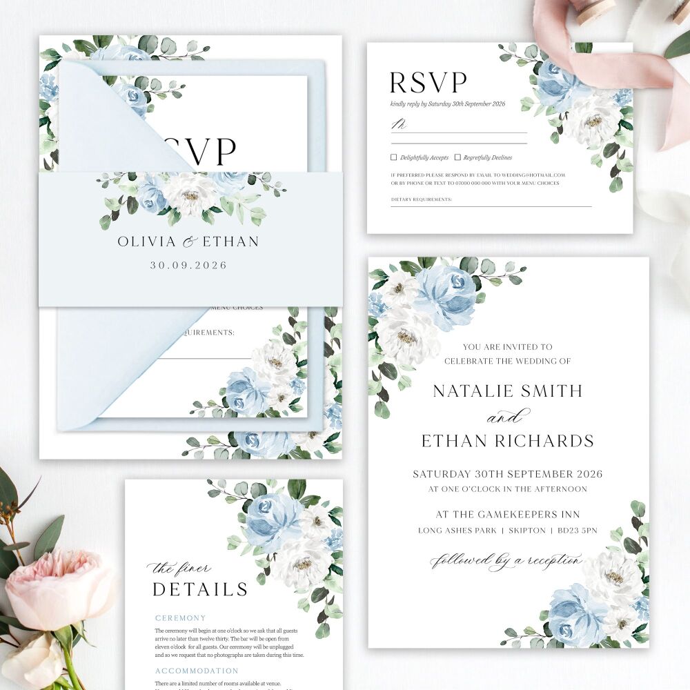 Blue Florals & Eucalyptus Wedding Invitation Sample