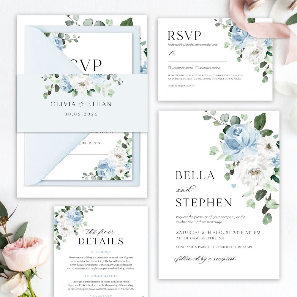 Blue Florals & Eucalyptus Wedding Invitation Sample