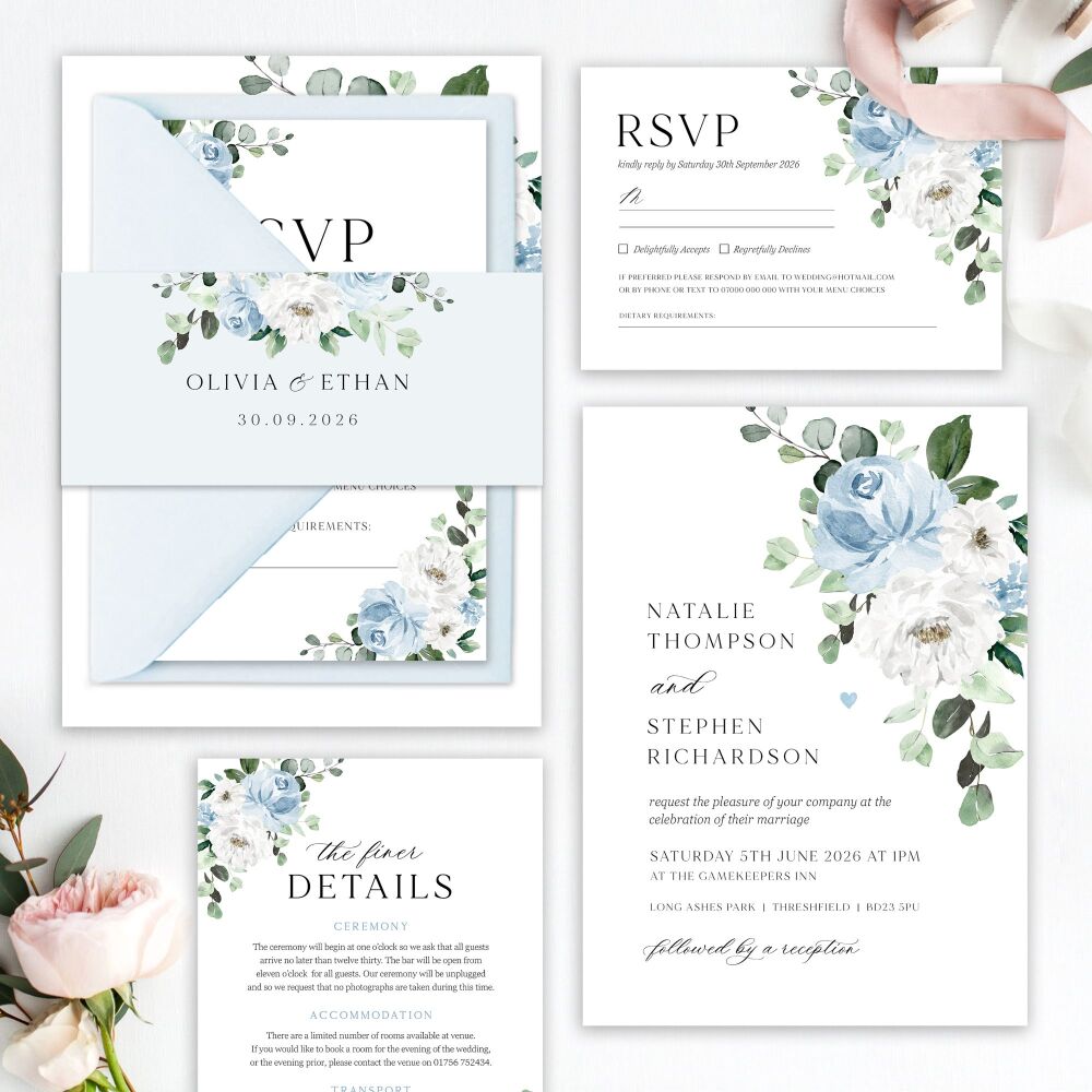 Blue Florals & Eucalyptus Wedding Invitation Sample
