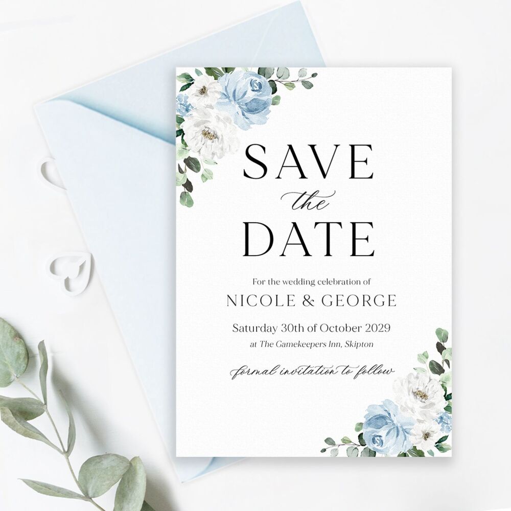 Blue Florals & Eucalyptus Save the Date
