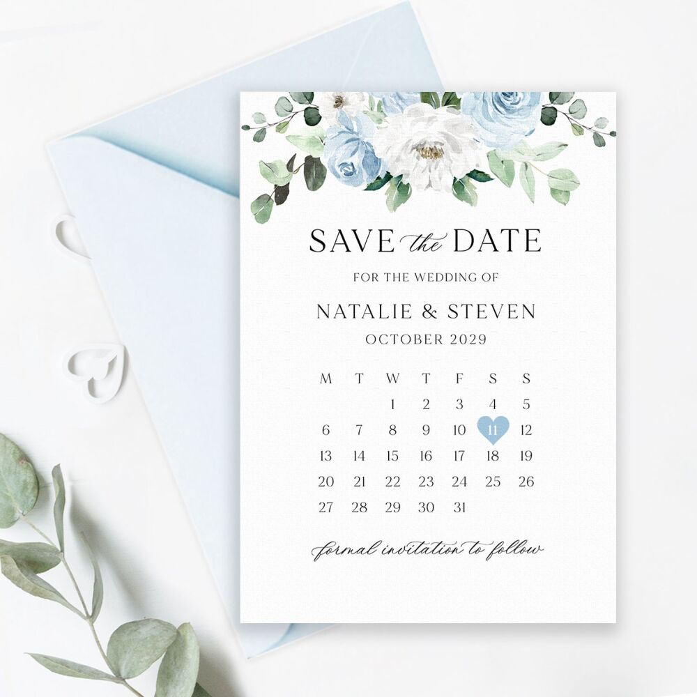 Blue Florals & Eucalyptus Save the Date