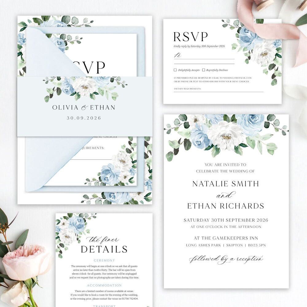 Blue Florals & Eucalyptus Wedding Invitation Sample