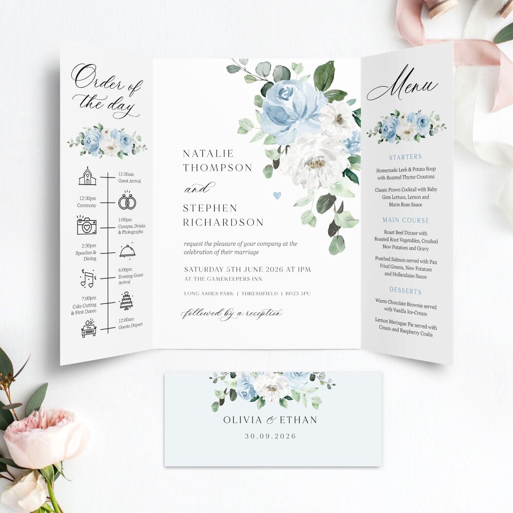 Blue Florals & Eucalyptus Wedding Invitation Sample