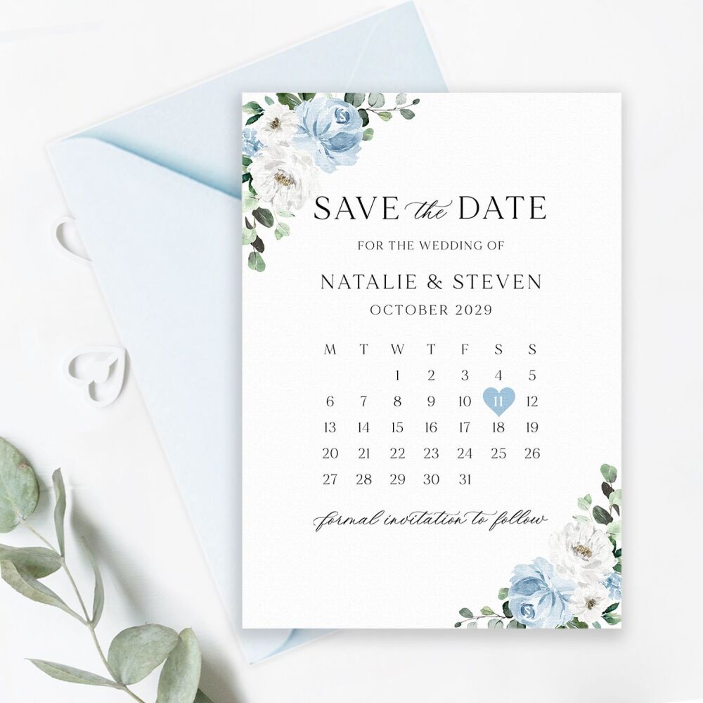 Blue Florals & Eucalyptus Save the Date