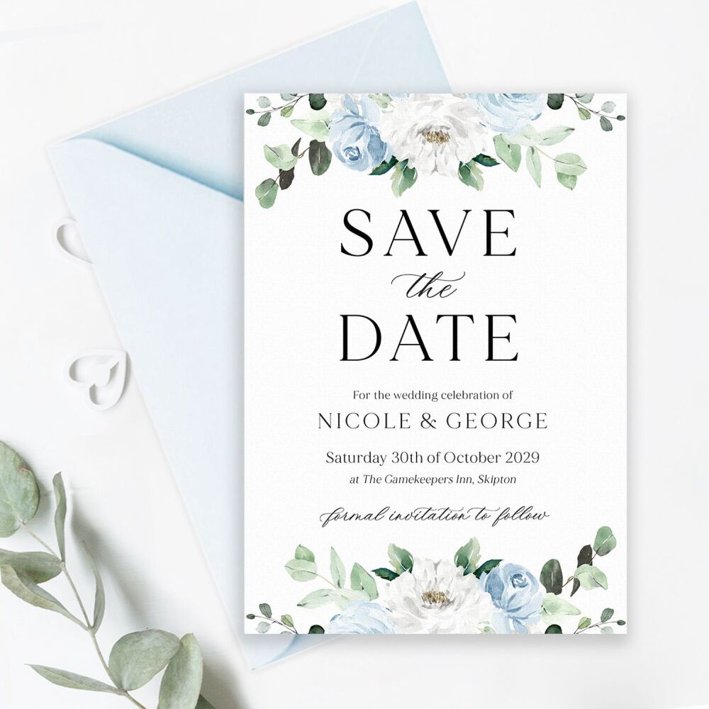 Blue Florals & Eucalyptus Save the Date