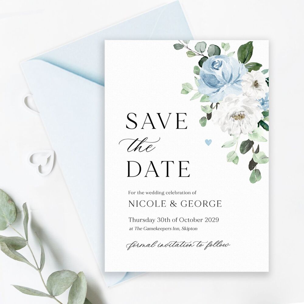 Blue Florals & Eucalyptus Save the Date