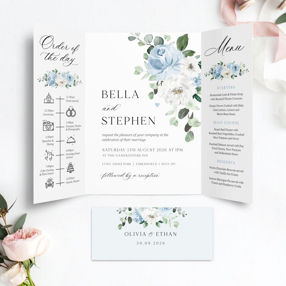 Blue Florals & Eucalyptus Wedding Invitation Sample