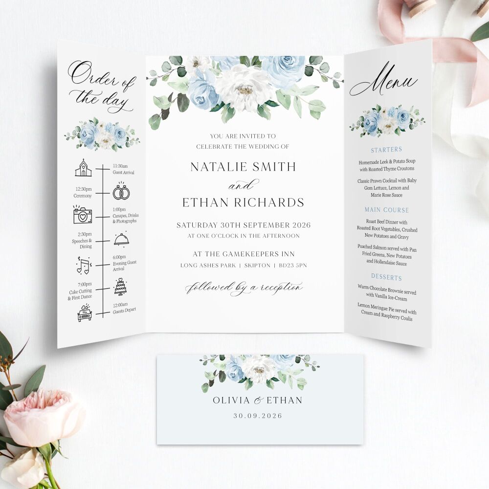 Blue Florals & Eucalyptus Wedding Invitation Sample
