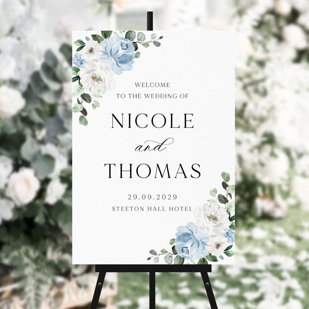 Blue Florals & Eucalyptus Welcome Sign