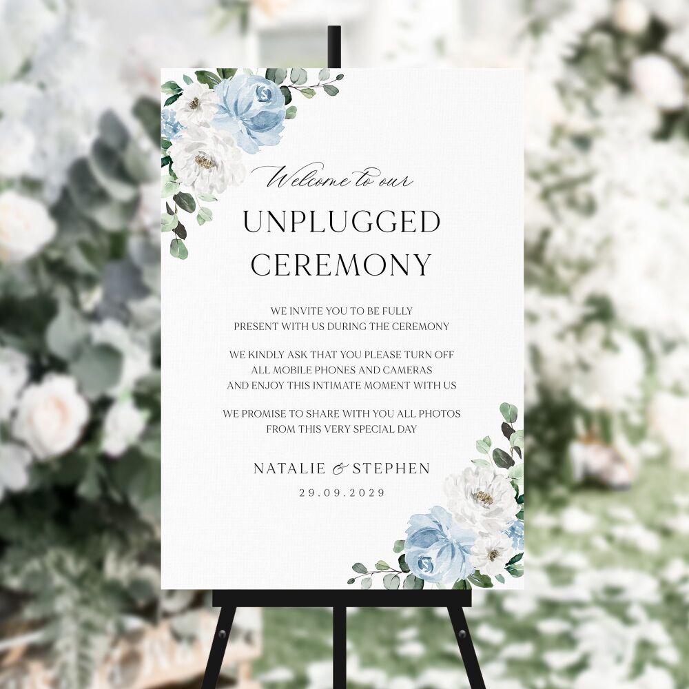 Blue Florals & Eucalyptus Unplugged Ceremony Sign