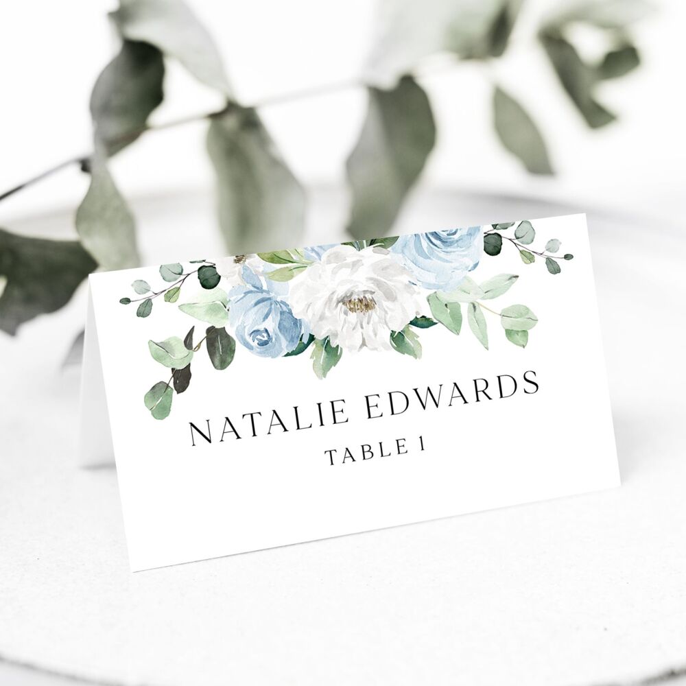 Blue Florals & Eucalyptus Place Name Card