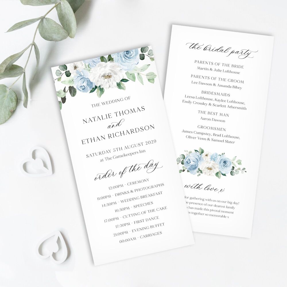 Blue Florals & Eucalyptus Order of Service Card