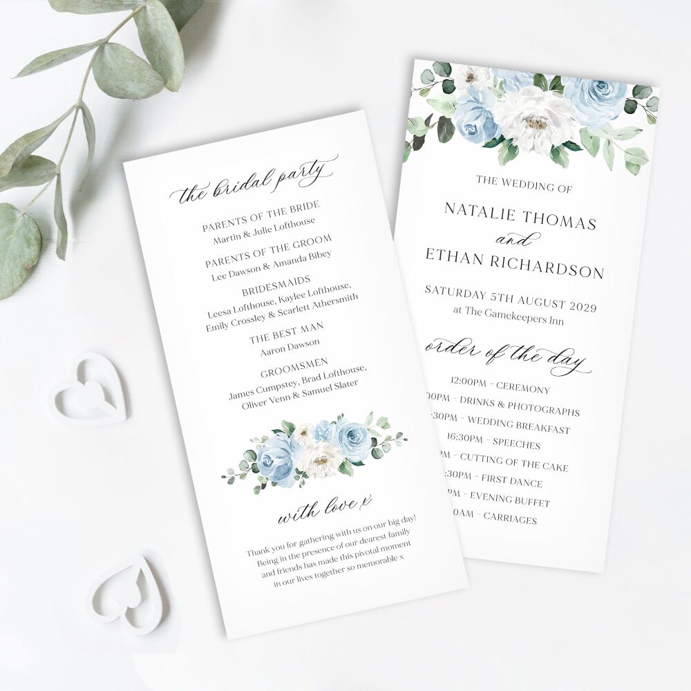 Blue Florals & Eucalyptus Order of Service Card