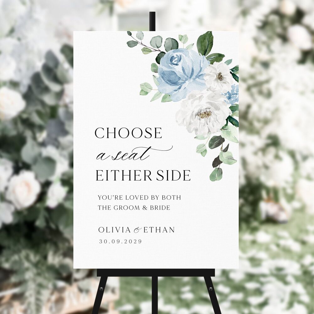 Blue Florals & Eucalyptus Choose a Seat Sign