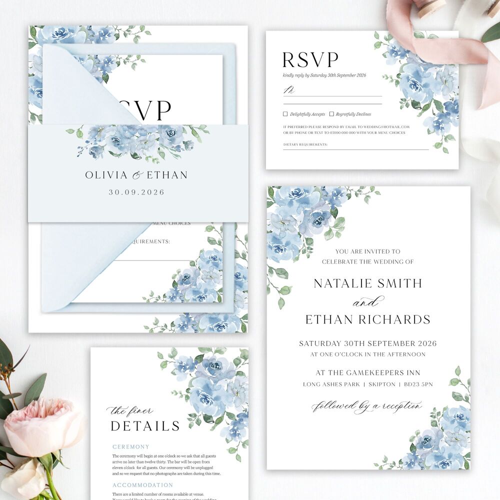 Dusky Blue Floral Wedding Invitation Sample