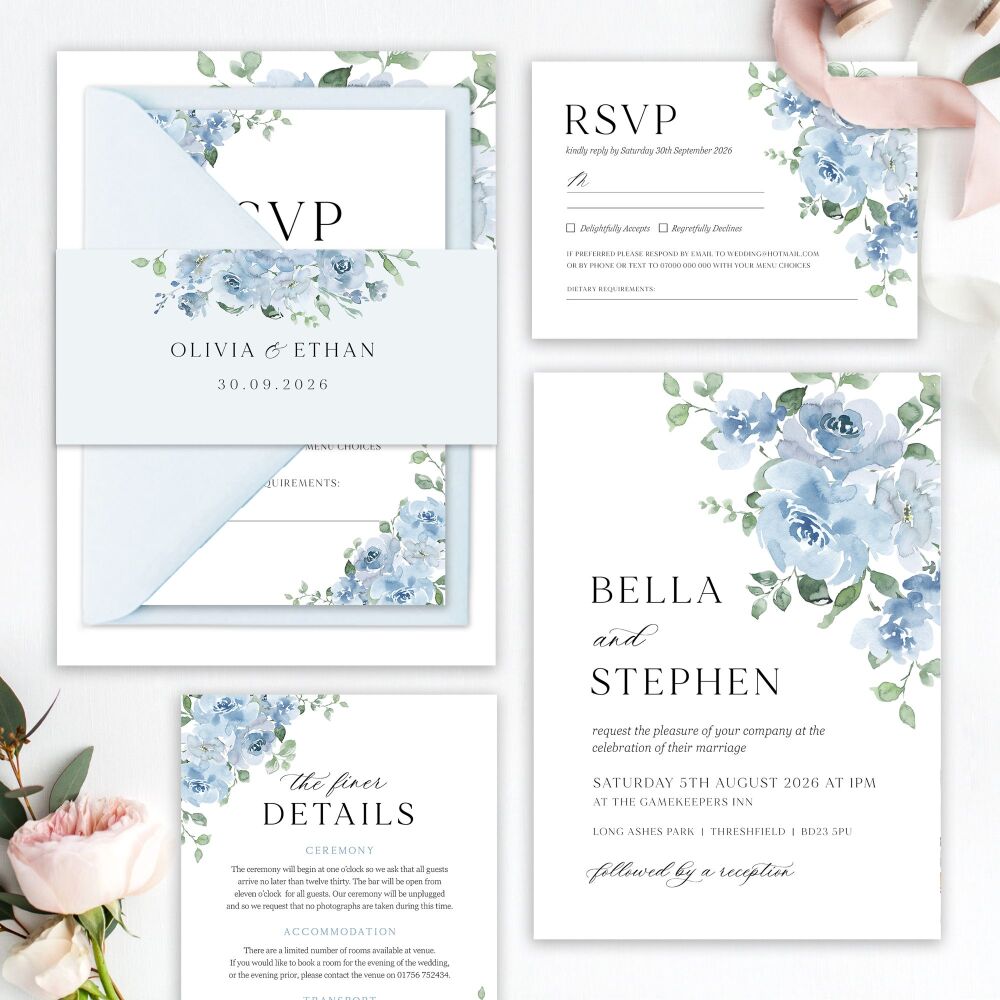 Dusky Blue Floral Wedding Invitation Sample