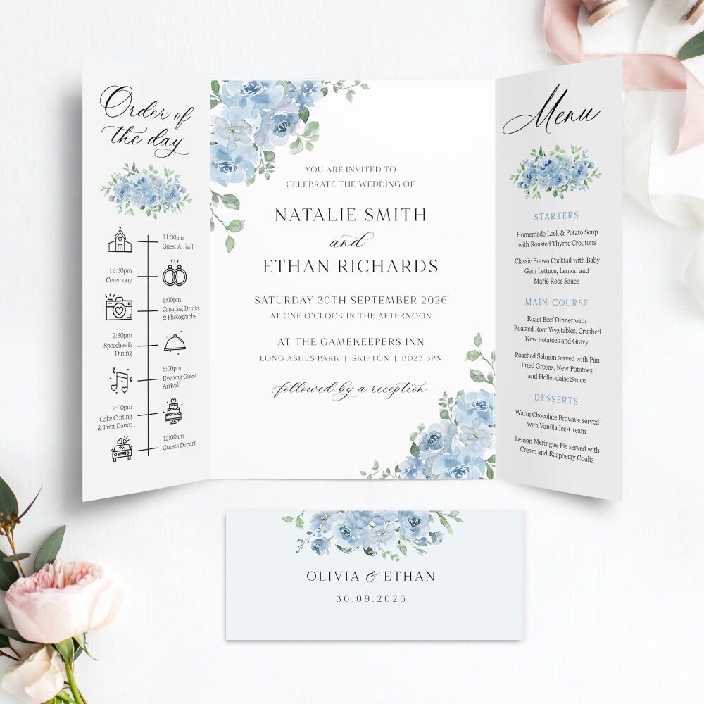 Dusky Blue Floral Wedding Invitation Sample