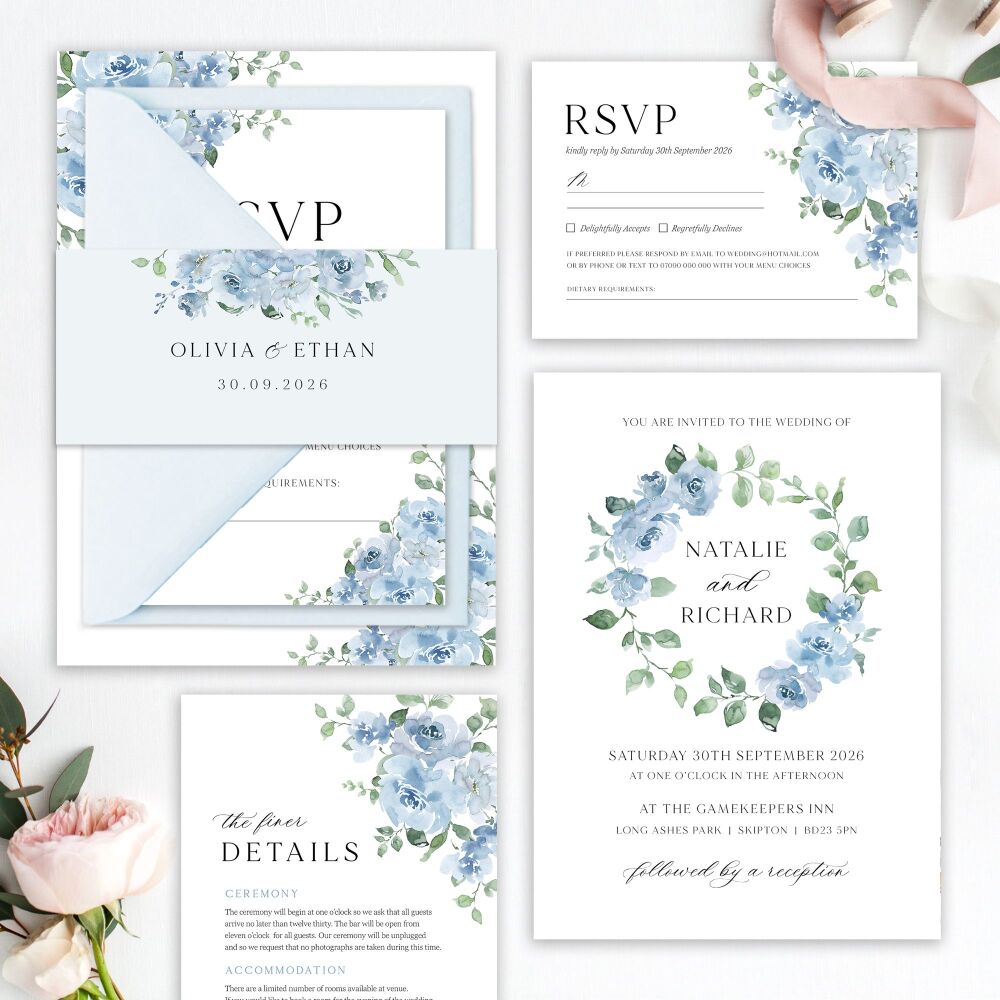 Dusky Blue Floral Wedding Invitation Sample