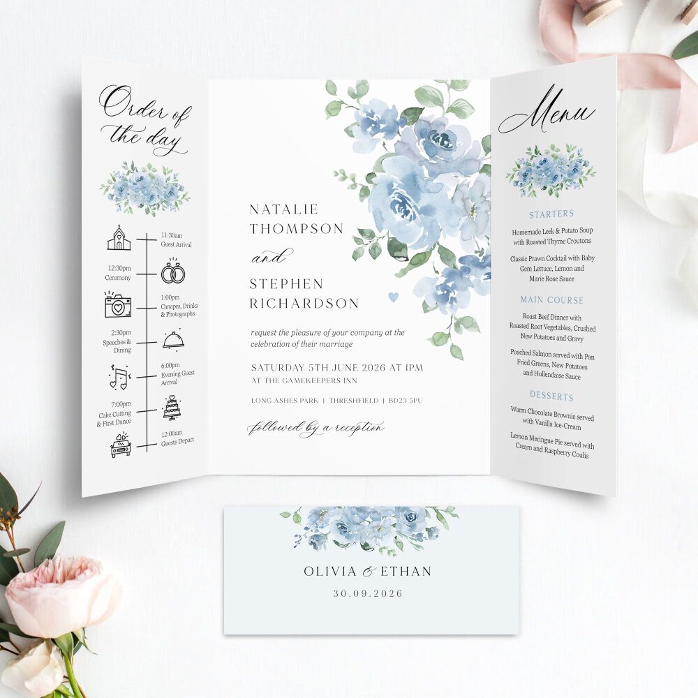 Dusky Blue Floral Wedding Invitation Sample
