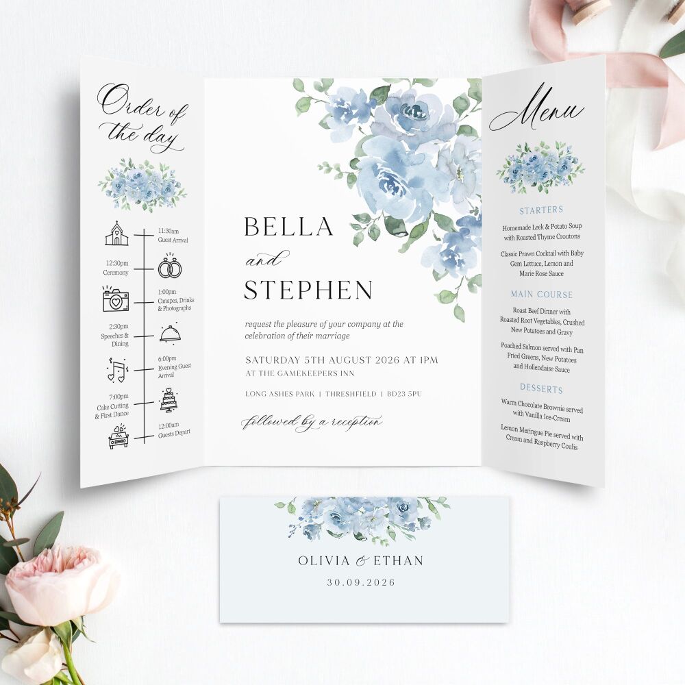 Dusky Blue Floral Wedding Invitation Sample