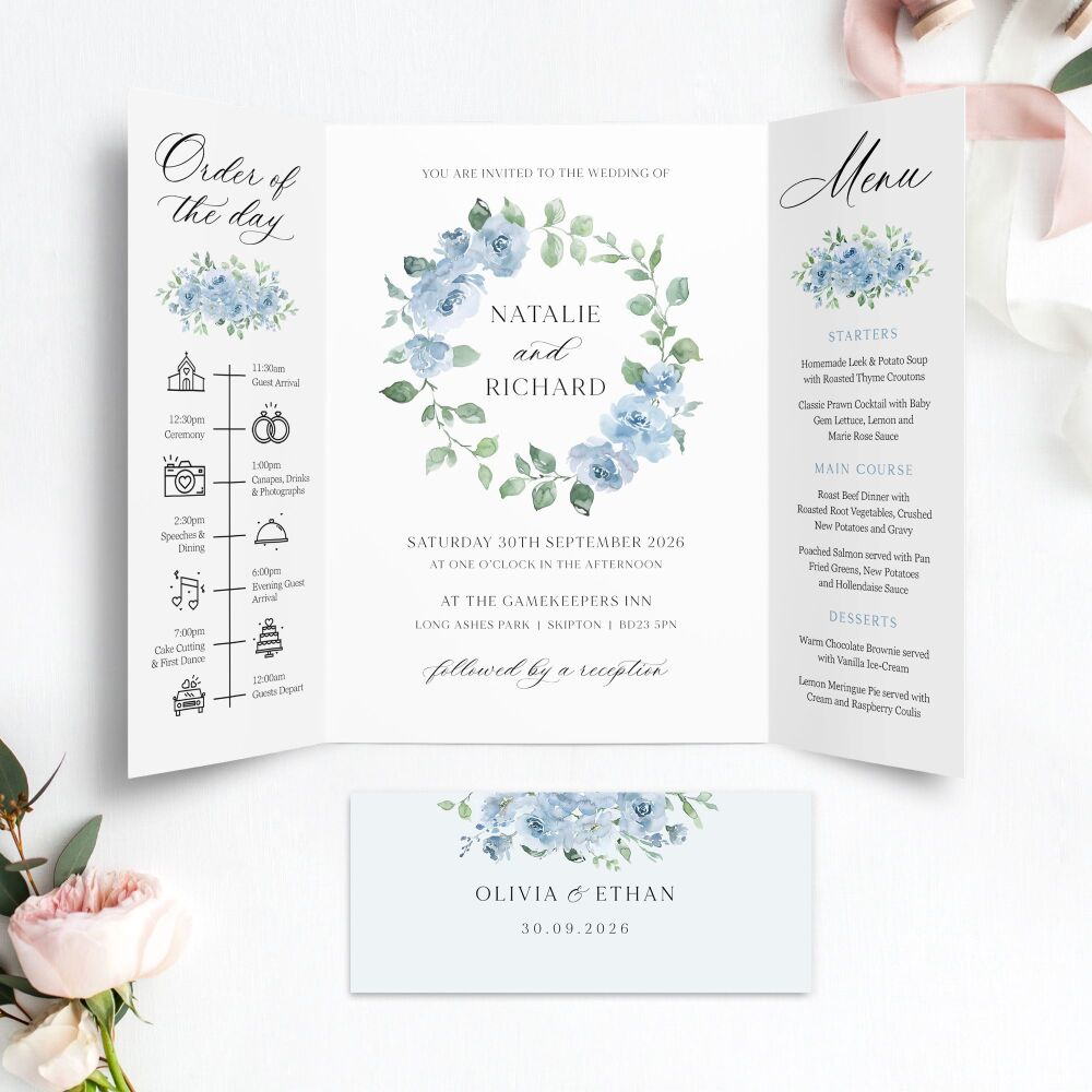 Dusky Blue Floral Wedding Invitation Sample