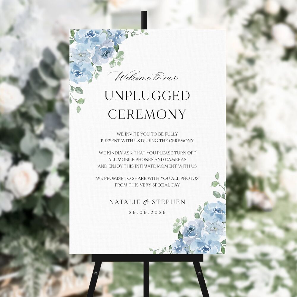 Dusky Blue Floral Unplugged Ceremony Sign