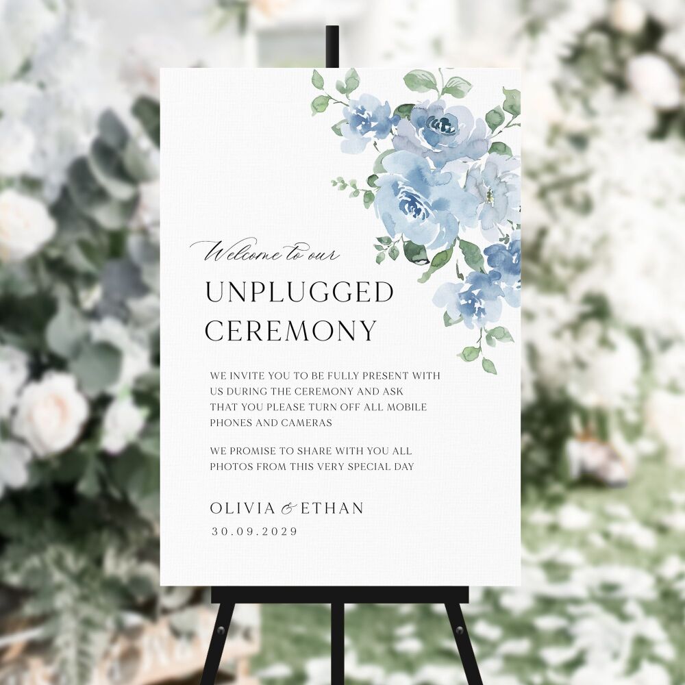Dusky Blue Floral Unplugged Ceremony Sign