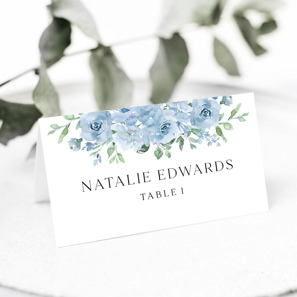 Dusky Blue Floral Place Name Card