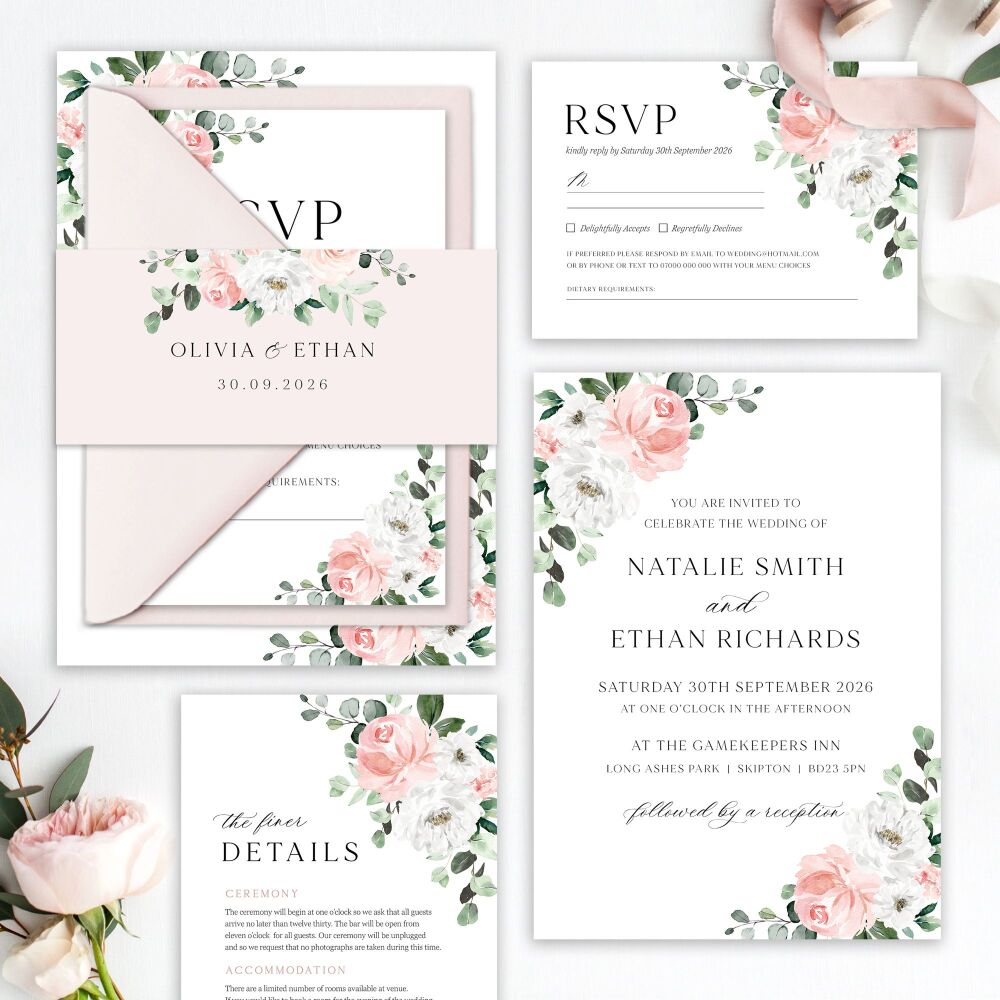 Blush Florals & Eucalyptus Wedding Invitation Sample