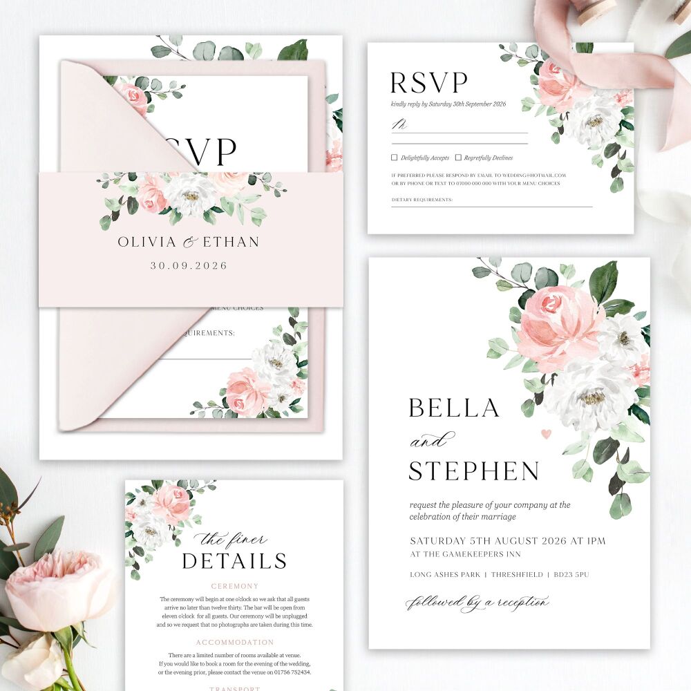 Blush Florals & Eucalyptus Wedding Invitation Sample