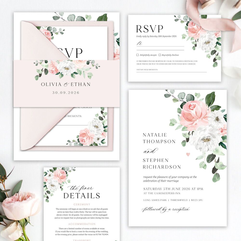 Blush Florals & Eucalyptus Wedding Invitation Sample