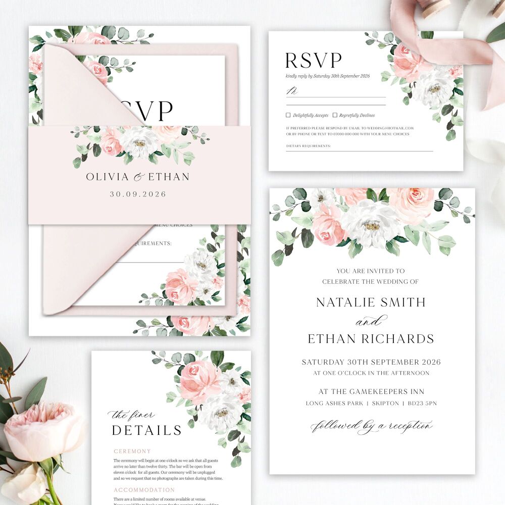 Blush Florals & Eucalyptus Wedding Invitation Sample