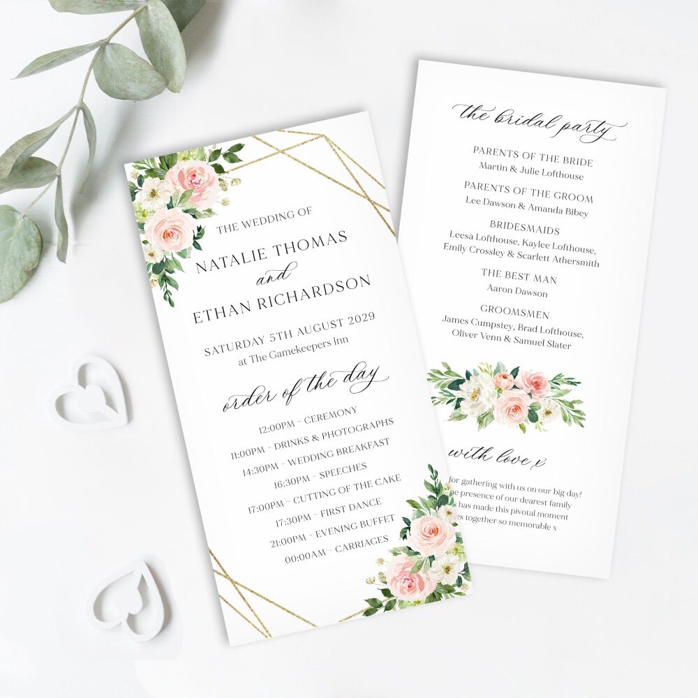 Blush Pink & Gold Order of Service Card
