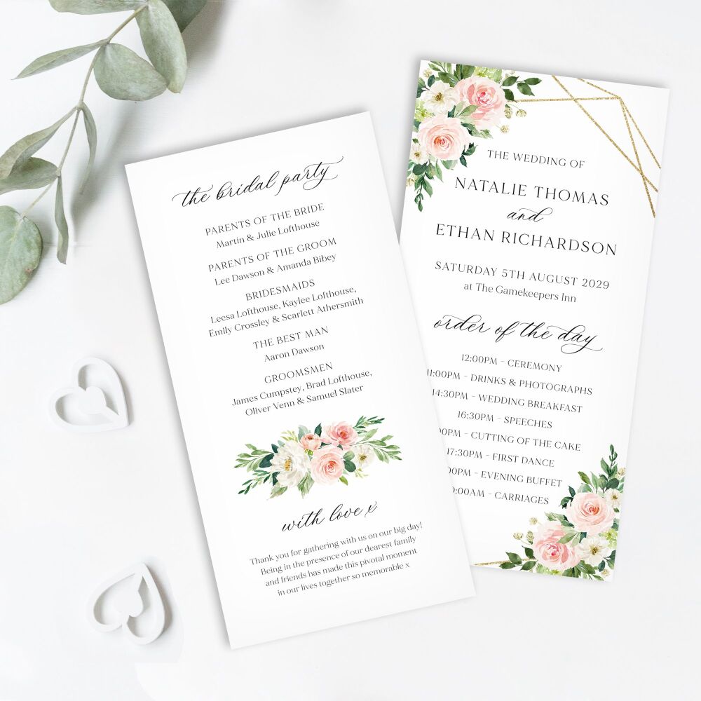 Blush Pink & Gold Order of Service Card