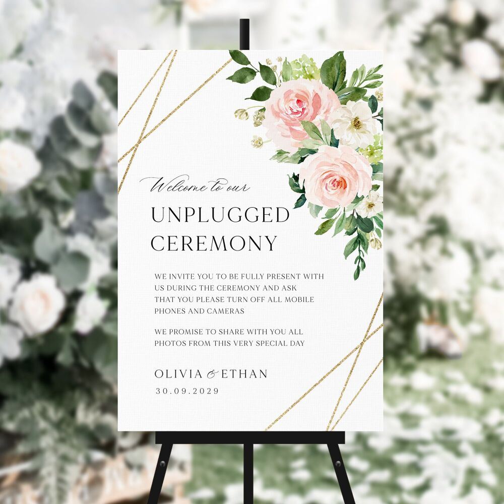 Blush Pink & Gold Unplugged Ceremony Sign
