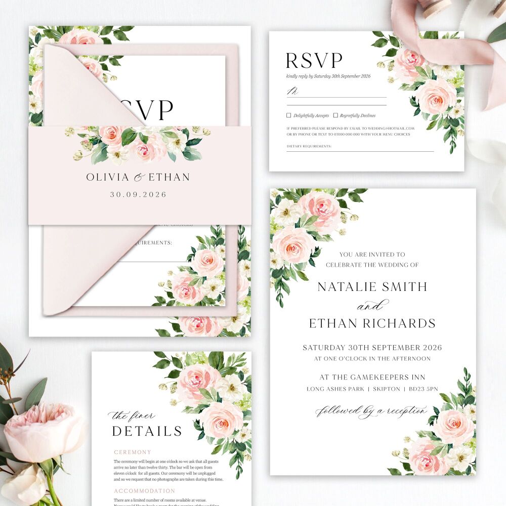 Blush Pink Floral Wedding Invitation Sample
