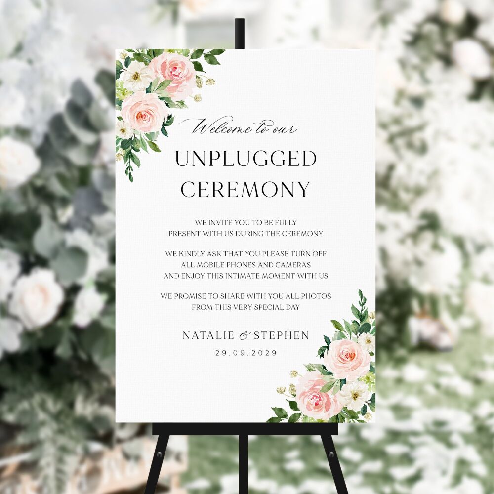 Blush Pink Floral Unplugged Ceremony Sign