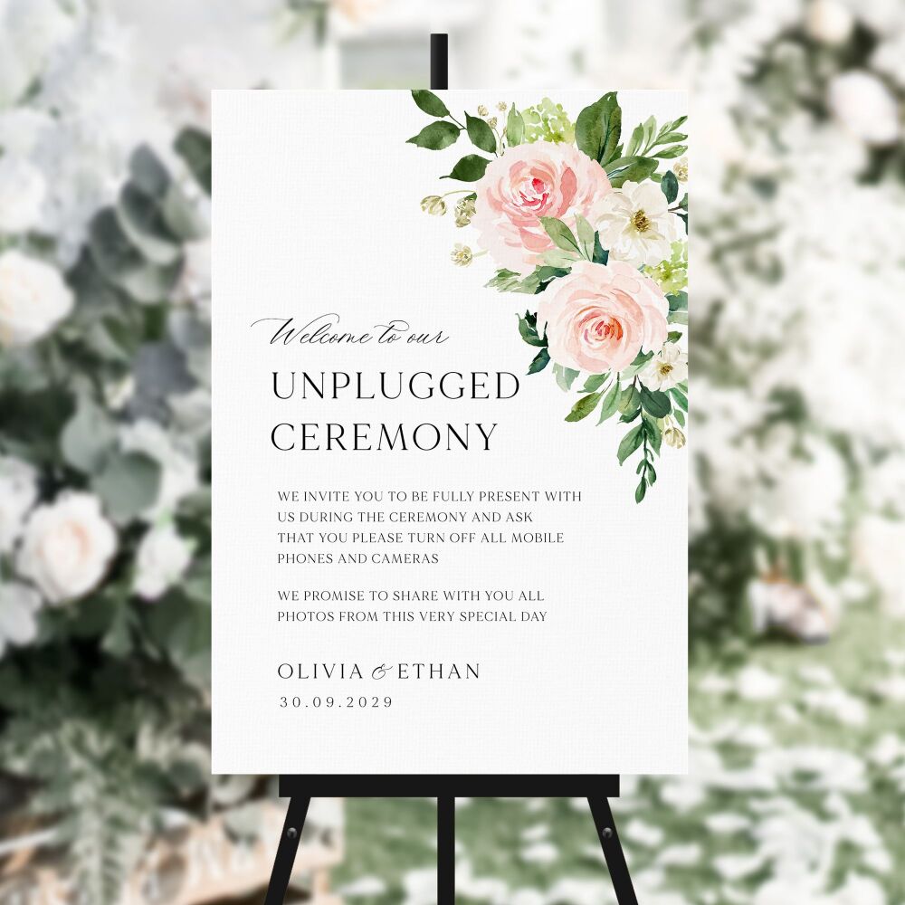 Blush Pink Floral Unplugged Ceremony Sign