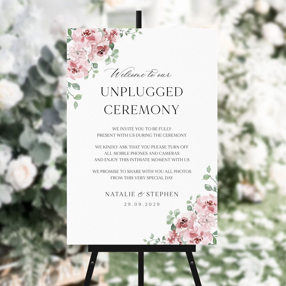 Dusky Blush Floral Unplugged Ceremony Sign