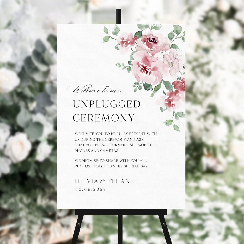 Dusky Blush Floral Unplugged Ceremony Sign