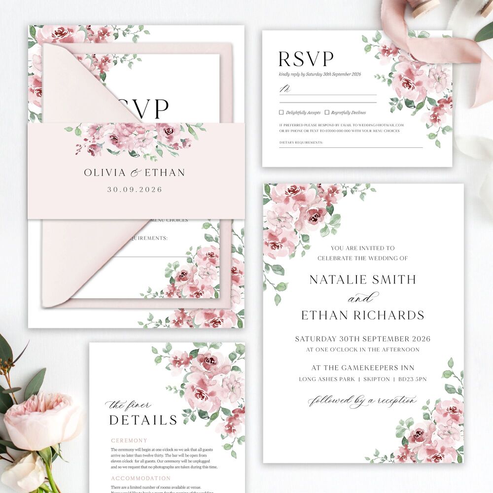 Dusky Blush Floral Wedding Invitation Sample
